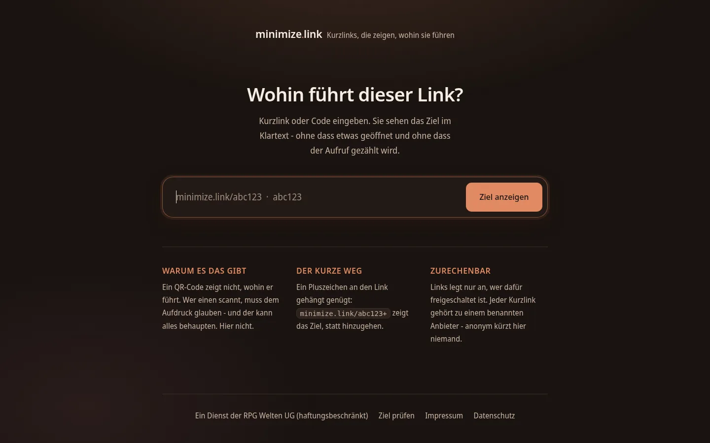 Die Startseite von minimize.link: ein Eingabefeld mit der Frage „Wohin führt dieser Link?" und der Schaltfläche „Ziel anzeigen".