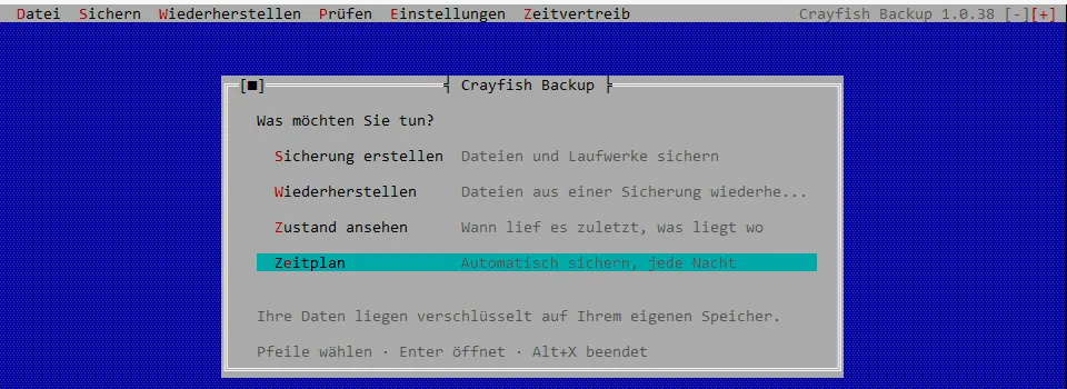 Hauptmenü von Crayfish Backup in der Textoberfläche.