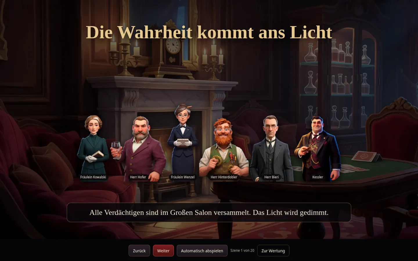 Spielszene aus dem Rabenhof: das Finale im Salon mit sechs Verdächtigen.