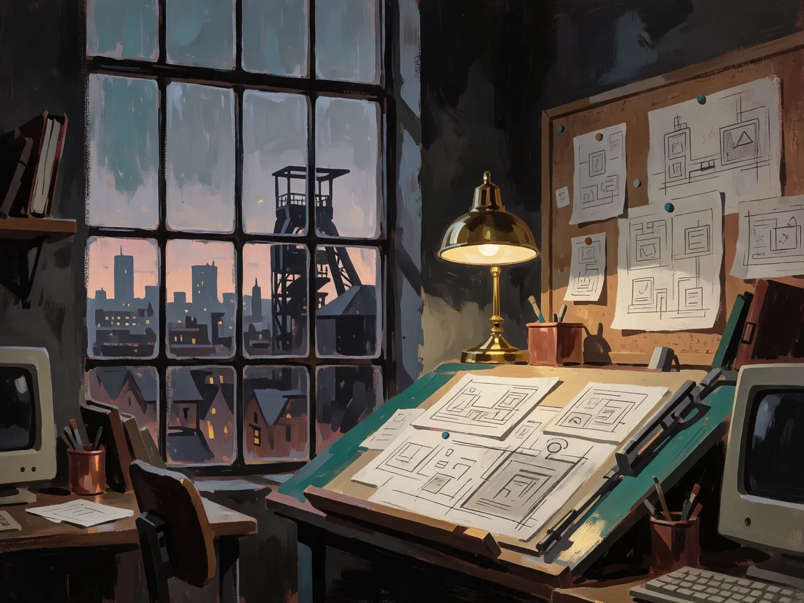 Illustration einer Studiowerkstatt mit Zeichentisch, Messinglampe und Blick auf einen Förderturm.